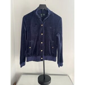 Lauren Ralph Lauren Women's Navy Blue Velour Bomber Jacket Gold Buttons Size L
